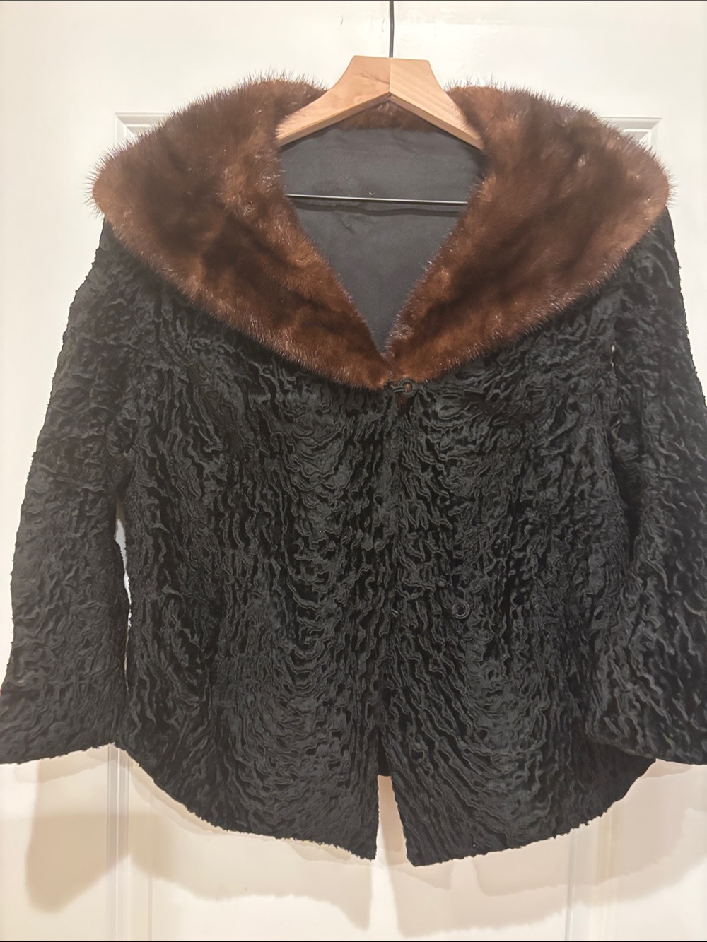 Black Textured Faux Persian Lamb Pea Coat with Brown Fur Collar